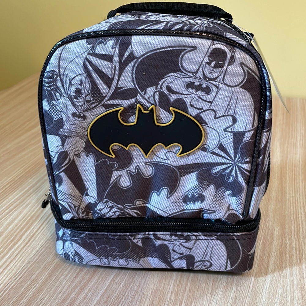 DC Batman lunch bag black, gray and white lunchbox zippered cooler logo